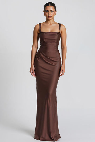Coffee Mermaid Spaghetti Straps Maxi Evening Dress